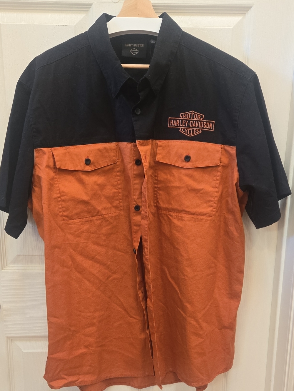 Harley-Davidson Black and Orange Two-Tone Button-Down Work Shirt